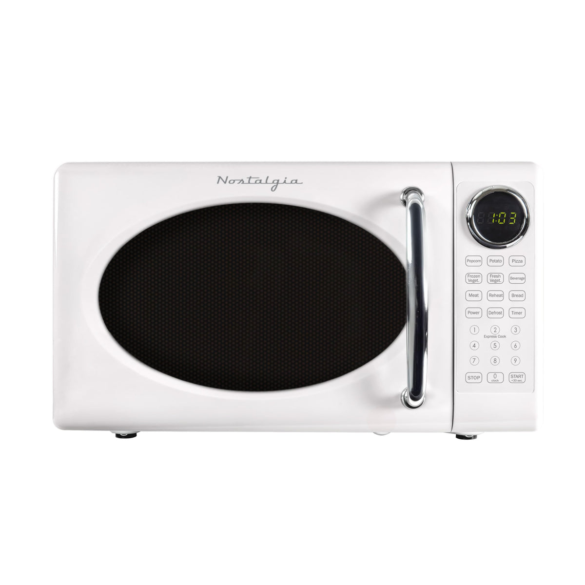 Nostalgia retro microwave oven front view shows compact size for quick reheating.