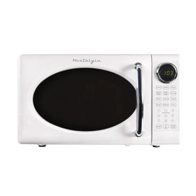 Nostalgia retro microwave oven front view shows compact size for quick reheating.