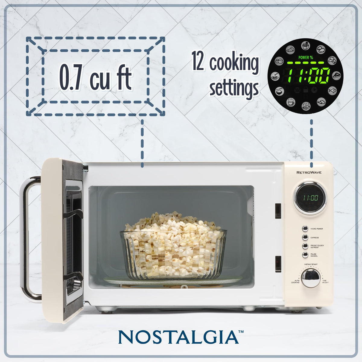 Nostalgia retro microwave ivory digital display for easy visibility and control.