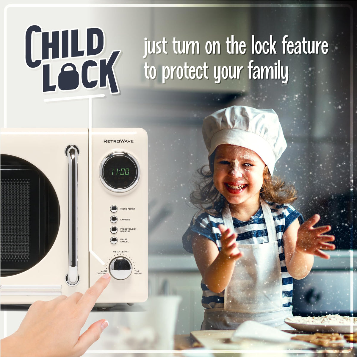 Nostalgia retro microwave ivory door handle highlights chrome accents.