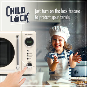 Nostalgia retro microwave ivory door handle highlights chrome accents.