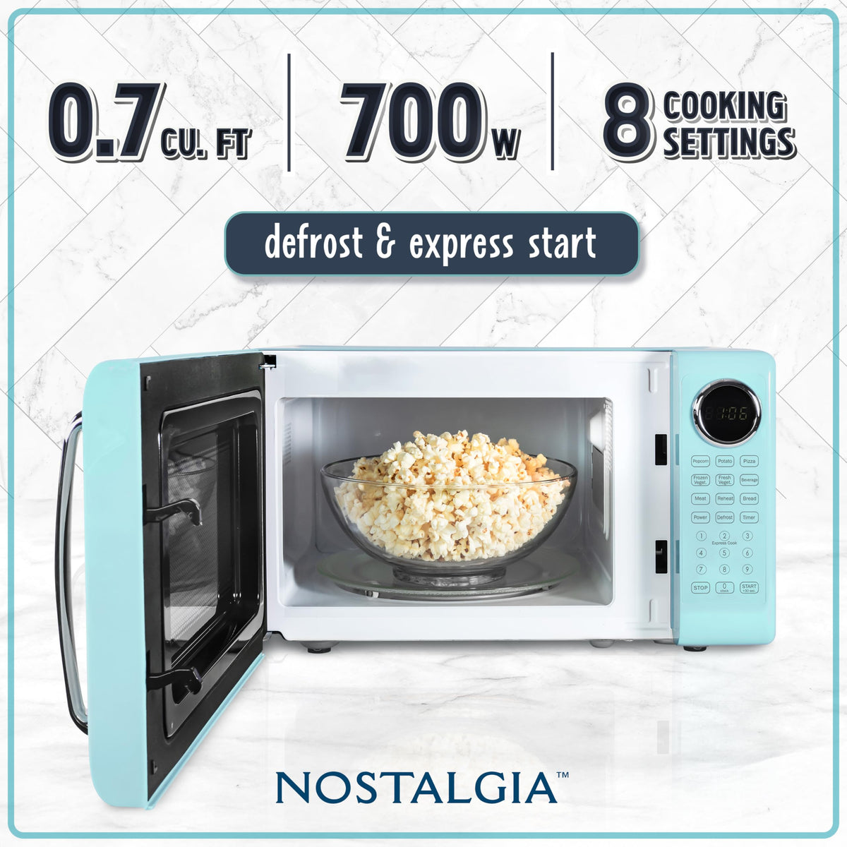 Nostalgia retro microwave oven control panel with easy buttons for quick heating and defrost.