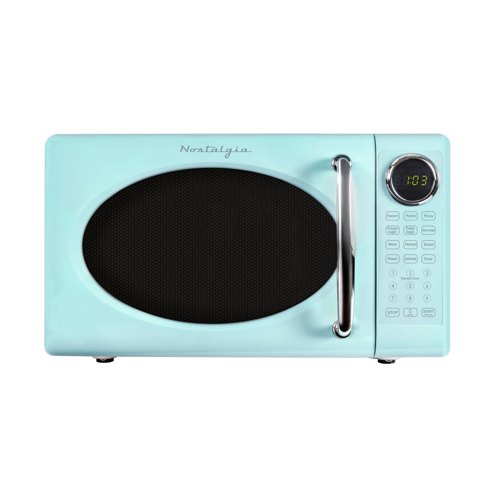 Nostalgia retro microwave oven front view highlights compact size ideal for small kitchens.
