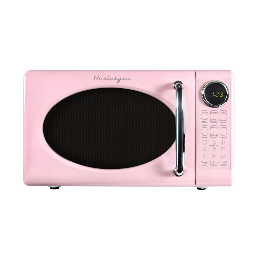 Nostalgia pink retro microwave front view with compact design and controls