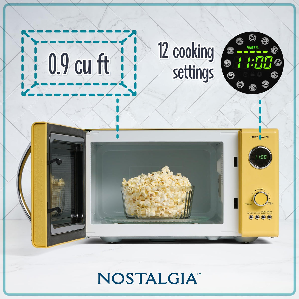 Nostalgia retro microwave yellow control panel, easy 12-program presets for meals.