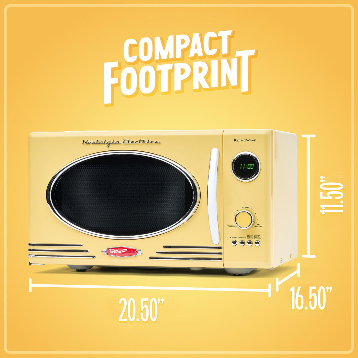 Nostalgia retro microwave yellow countertop, compact design for small spaces.