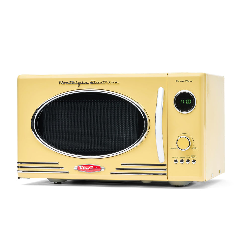 Nostalgia retro microwave yellow front view, fast presets for quick reheating.