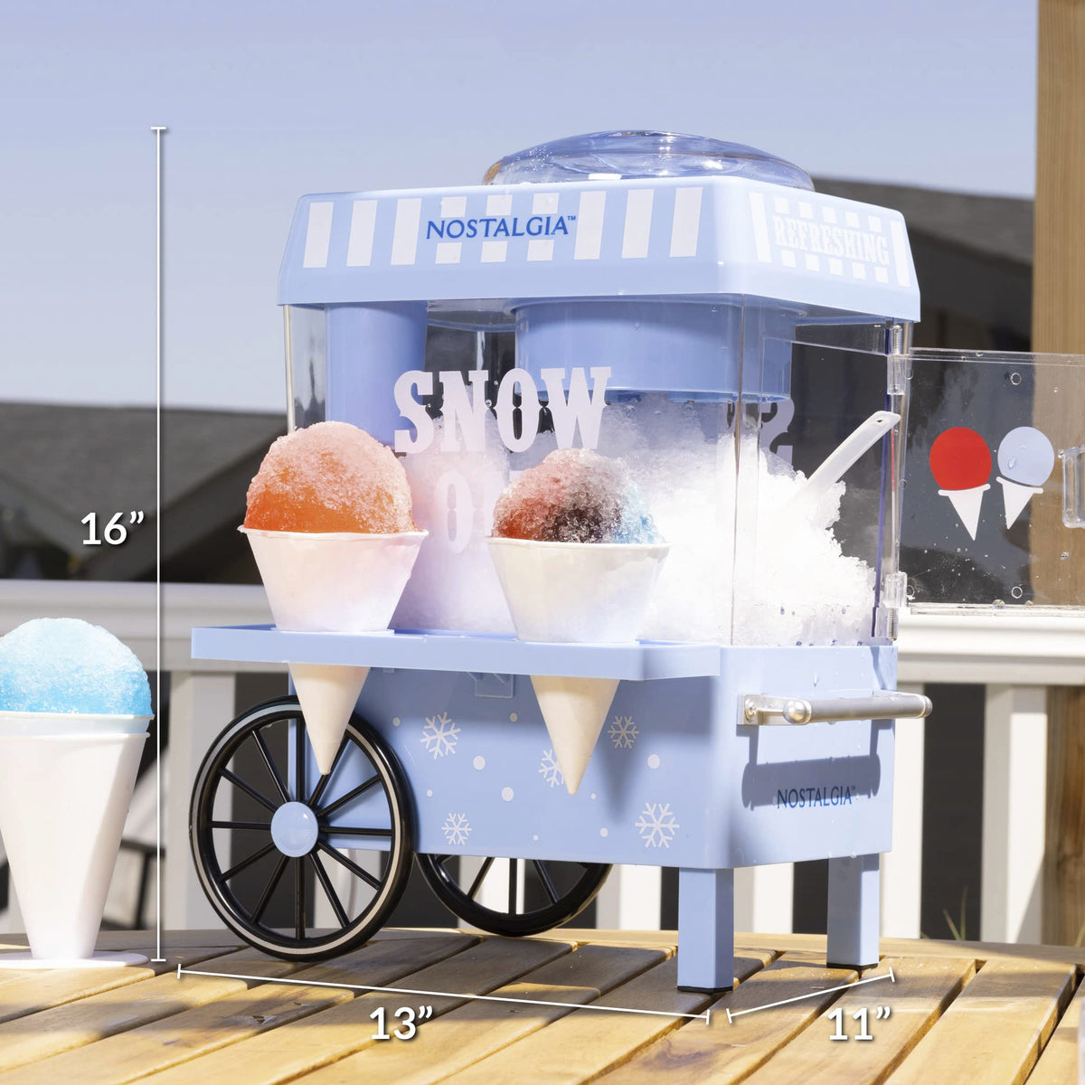 Nostalgia snow cone machine offers 20 cones per batch for gatherings.