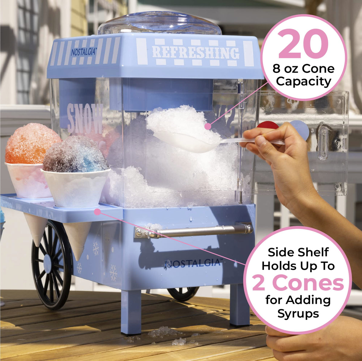Nostalgia snow cone machine in action shaving ice for fluffy cones.