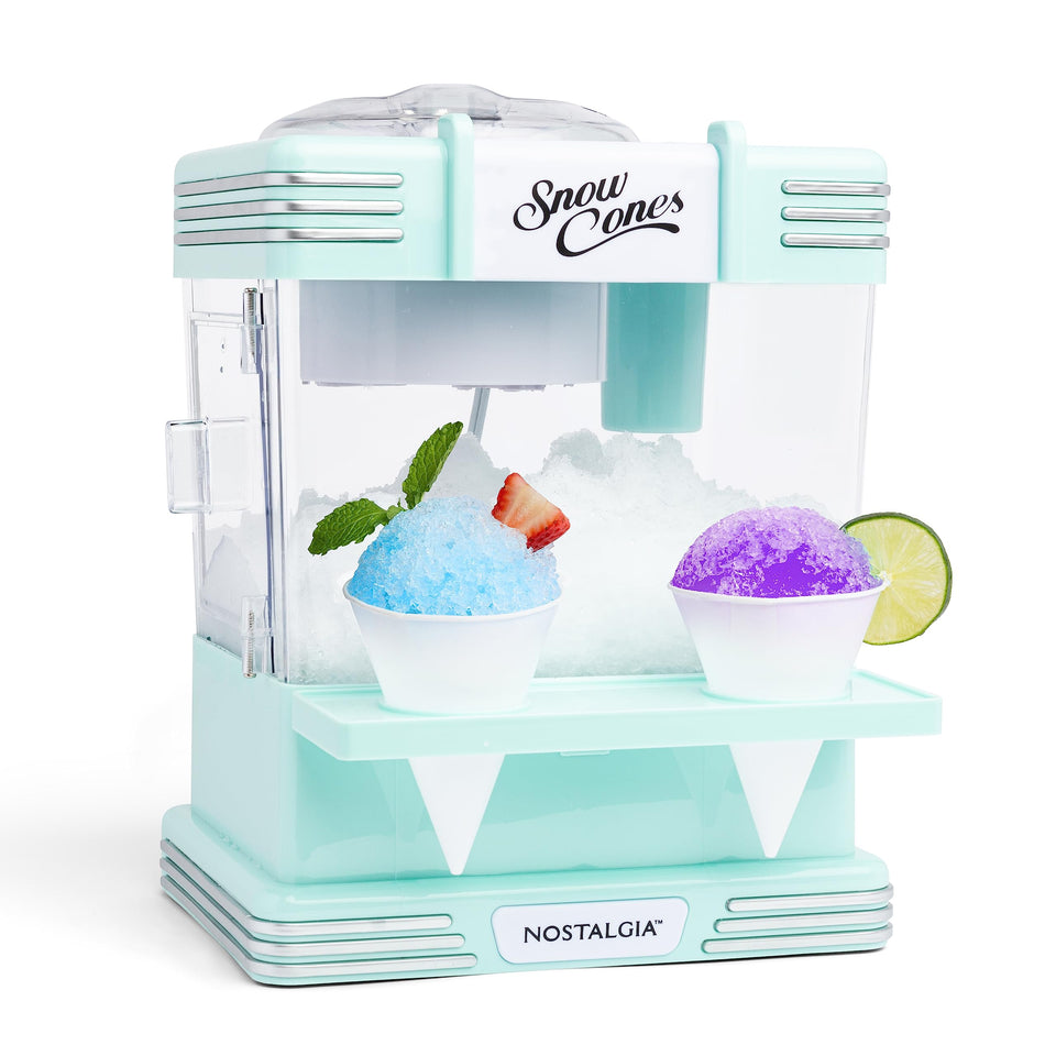 Nostalgia snow cone machine on a clean countertop offering quick, refreshing snow cones