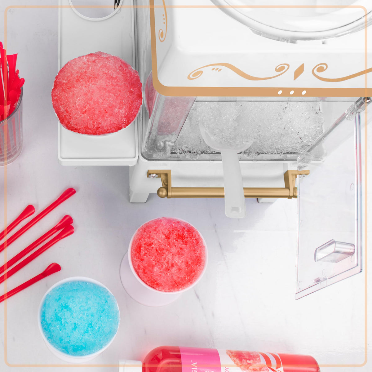 Compact Nostalgia snow cone machine on a kitchen countertop