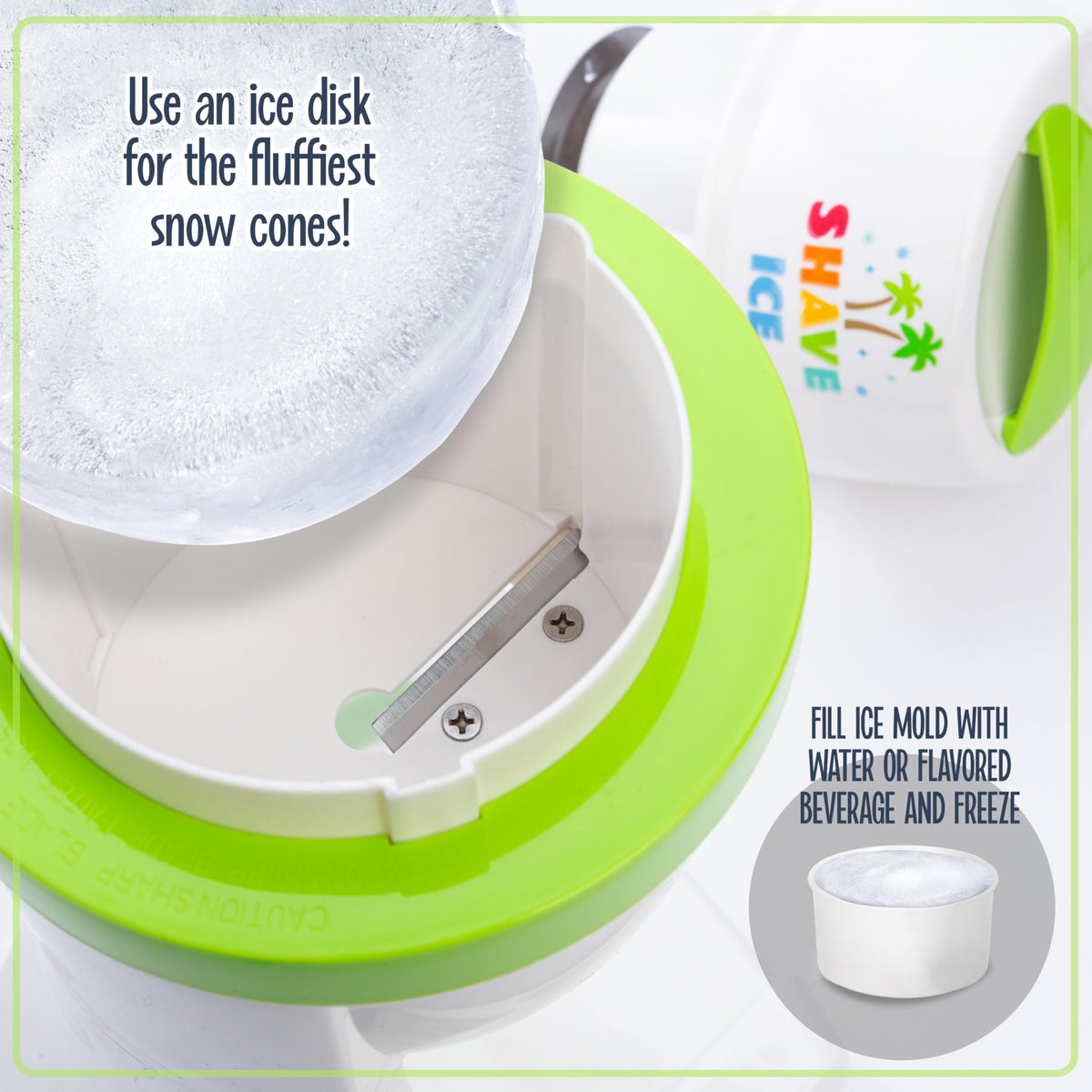 Nostalgia Snow Cone Machine dispensing button in action for quick shaved ice