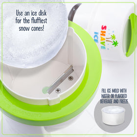 Nostalgia Snow Cone Machine dispensing button in action for quick shaved ice