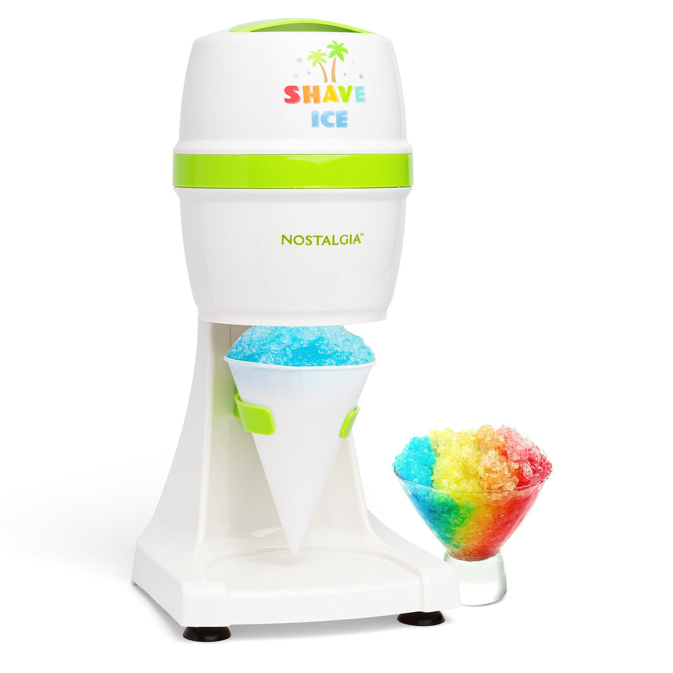 Nostalgia Snow Cone Machine front view on a countertop highlighting compact design