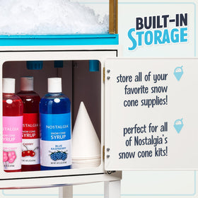 Nostalgia Snow Cone Machine in use capturing fluffy shaved ice in a family setup.