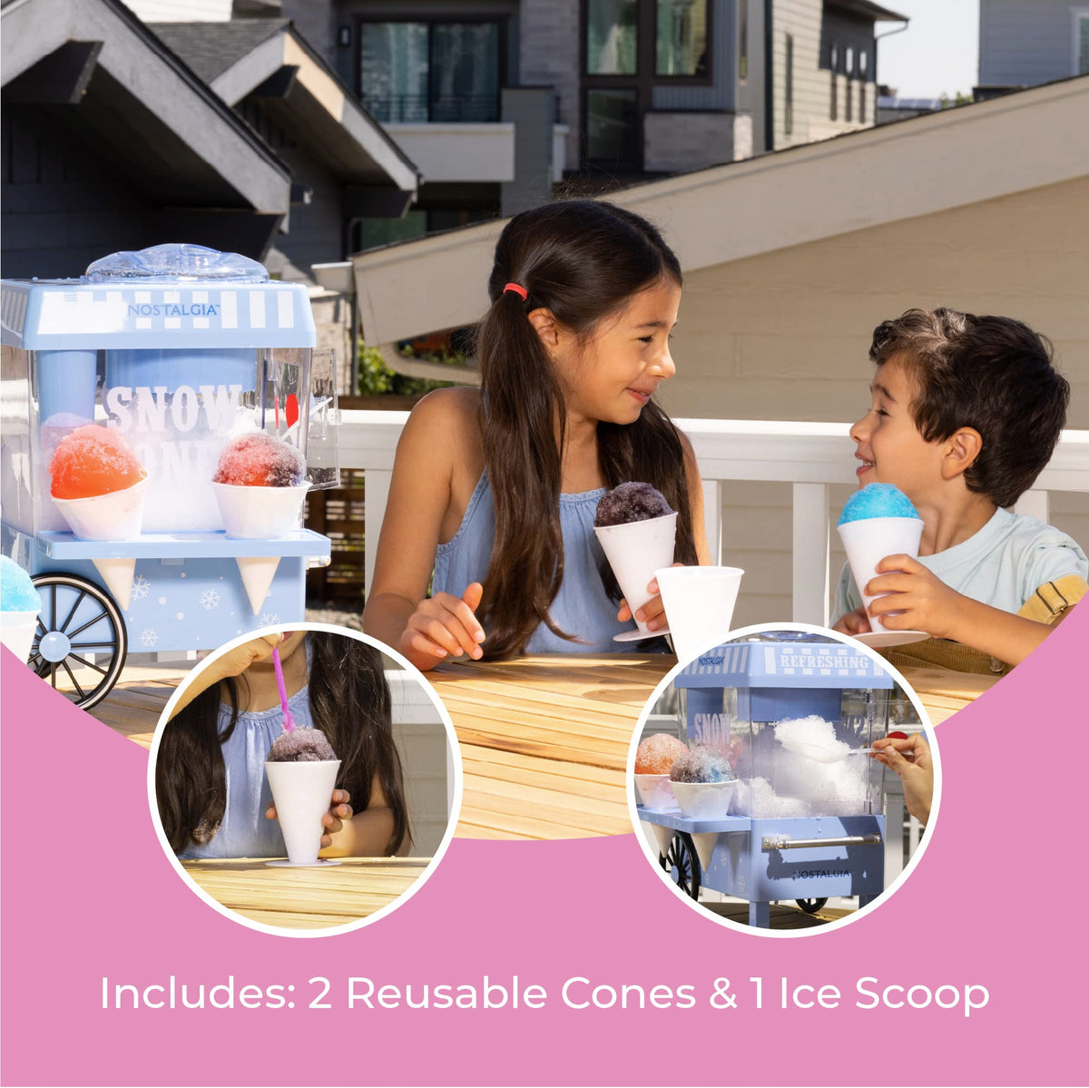 Nostalgia snow cone machine includes two reusable cups and an ice scoop.