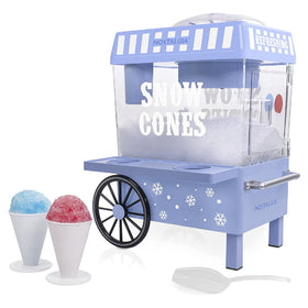 Nostalgia snow cone machine on countertop for quick at-home treats.