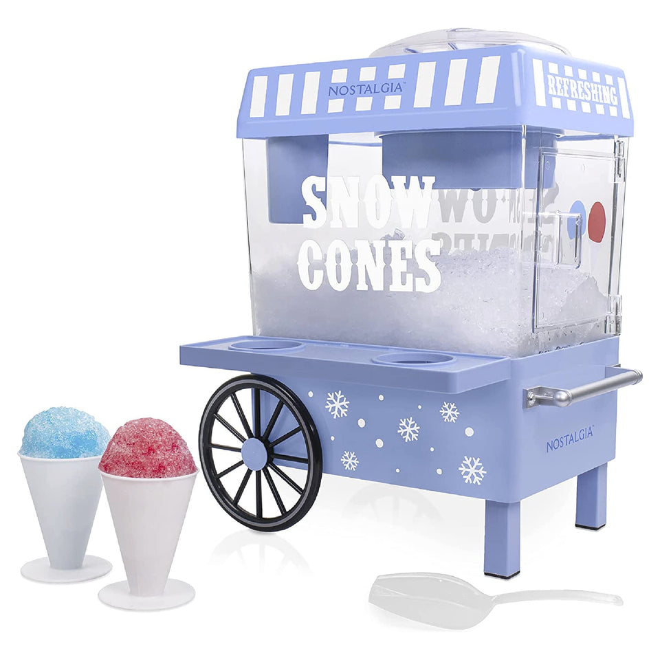 Nostalgia snow cone machine on countertop for quick at-home treats.