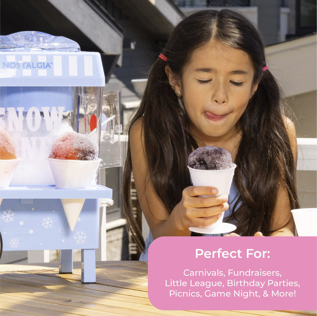 Nostalgia snow cone machine compact and easy to store.