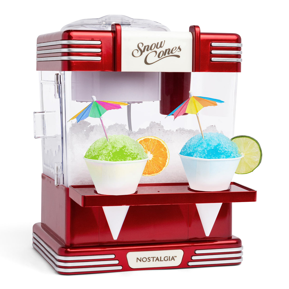 Nostalgia snow cone machine front view on countertop for family gatherings