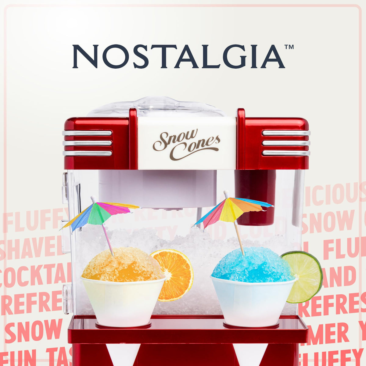 Nostalgia snow cone machine in red lit on counter inviting party vibes
