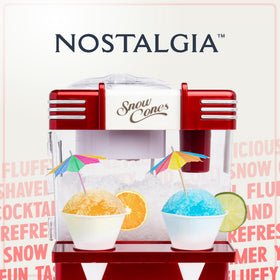 Nostalgia snow cone machine in red lit on counter inviting party vibes