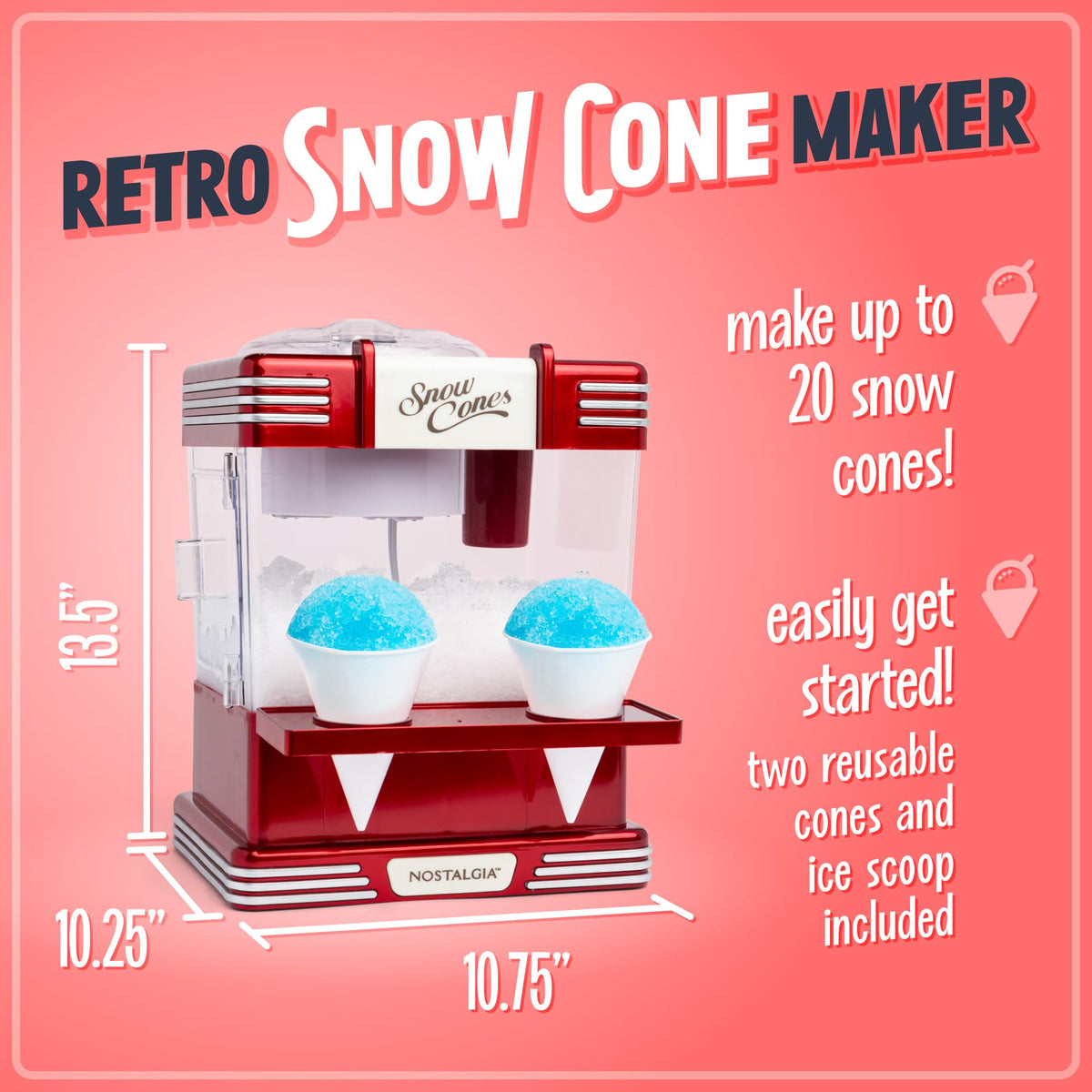 Nostalgia snow cone machine side view with compact design for small spaces