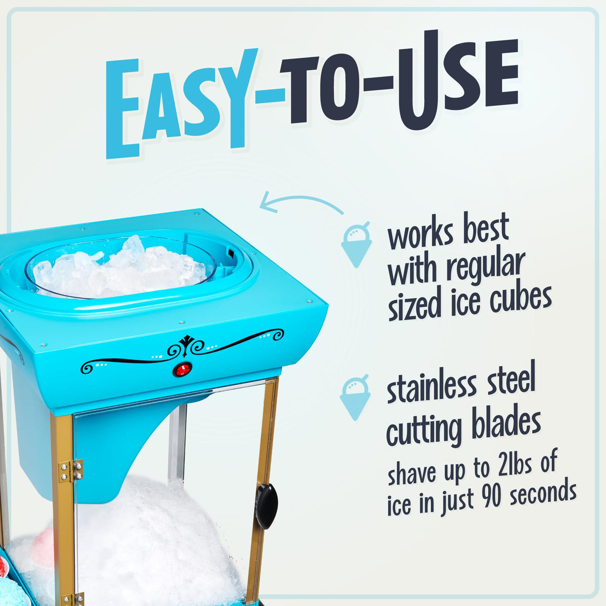 Nostalgia Snow Cone Machine storage compartment keeps scoops and accessories neatly organized.