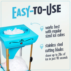 Nostalgia Snow Cone Machine storage compartment keeps scoops and accessories neatly organized.
