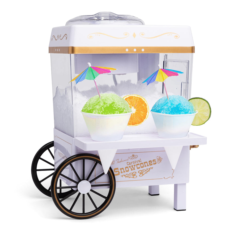 Nostalgia Snow Cone Machine on counter ready to shave ice for a treat