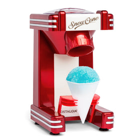 Nostalgia Snow Cone Machine top view, retro red body ready for chilled treats.