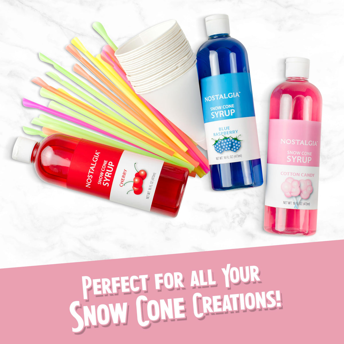 Pink Nostalgia snow cone maker on countertop, ready for summer treats