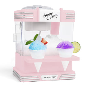 Nostalgia snow cone maker front view in pink, ideal for quick backyard party treats