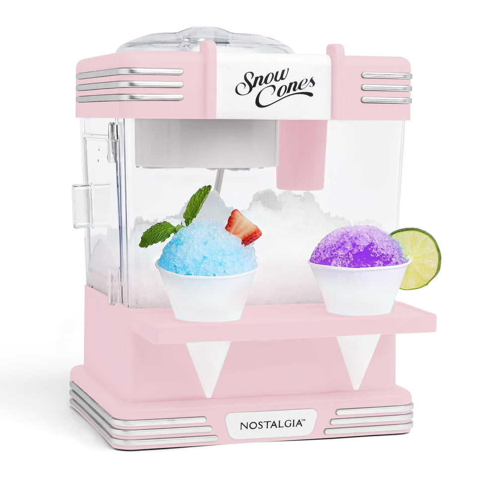 Nostalgia snow cone maker front view in pink, ideal for quick backyard party treats