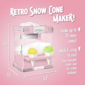 Nostalgia snow cone maker side view in pink, compact design ideal for storage during gatherings
