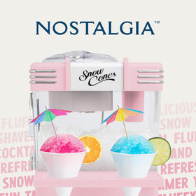 Nostalgia snow cone maker with two reusable cups, ideal for family gatherings