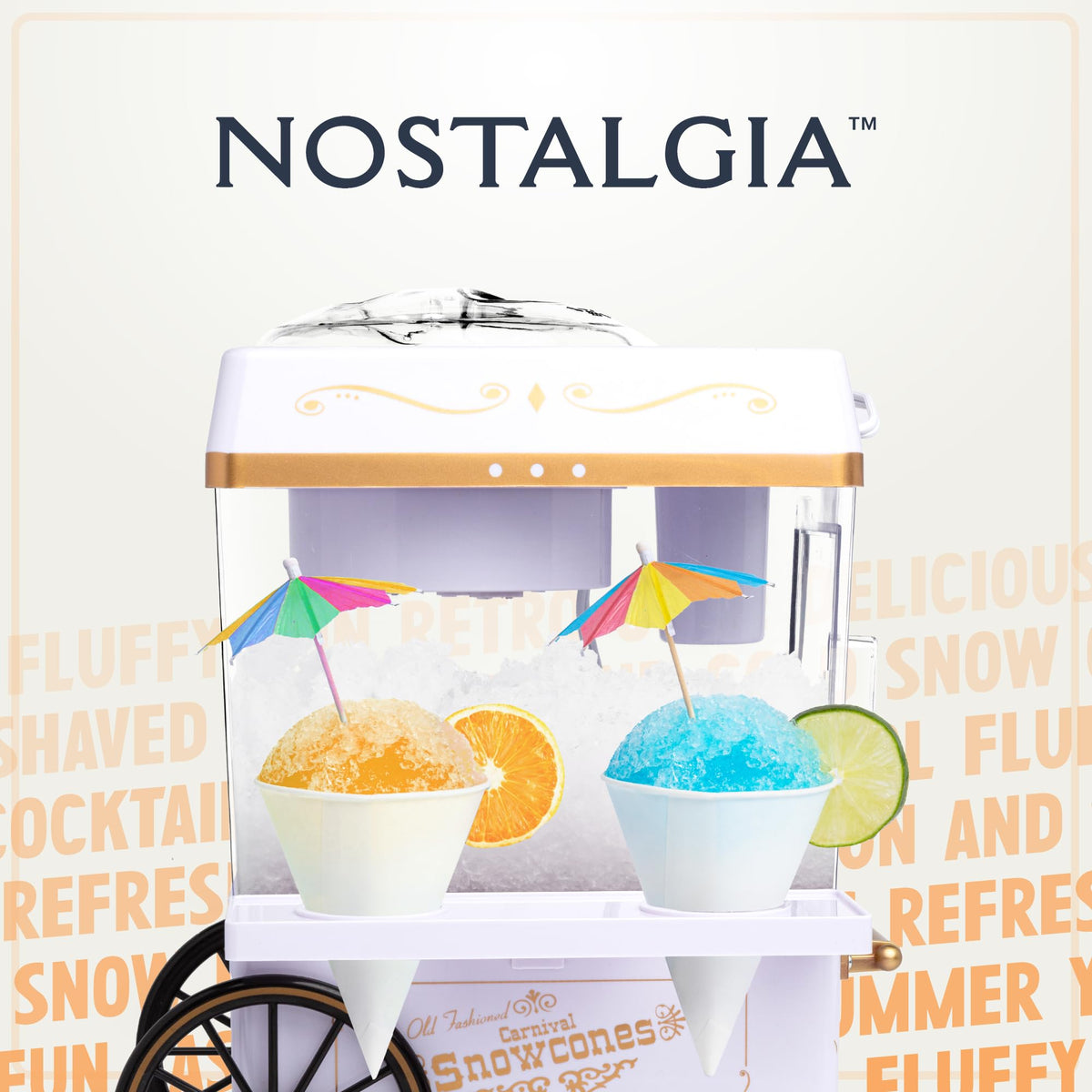 Syrups and cups arranged with Nostalgia snow cone machine for serving