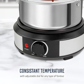 Nostalgia stainless-steel fondue pot adds durable, stylish table presence.