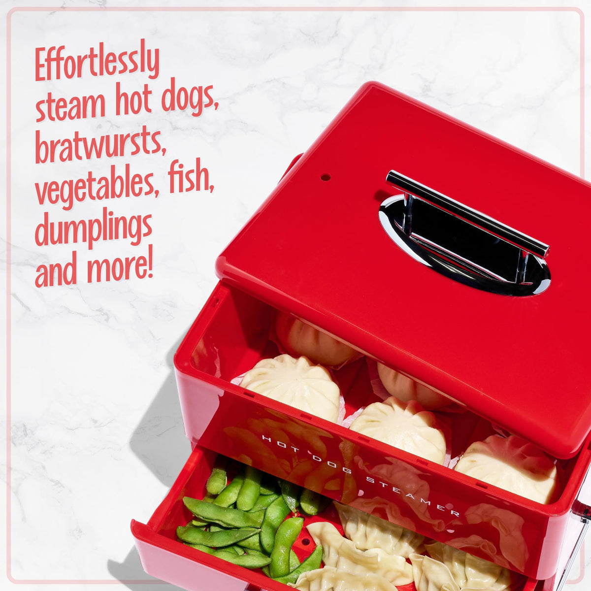 Nostalgia steamer-ready meal display on table for casual gatherings.