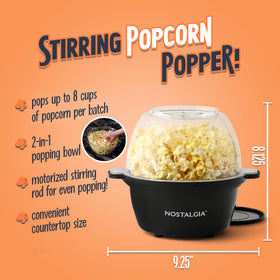 Nostalgia stirring rod and bowl demonstrating even popping and efficient heat distribution.