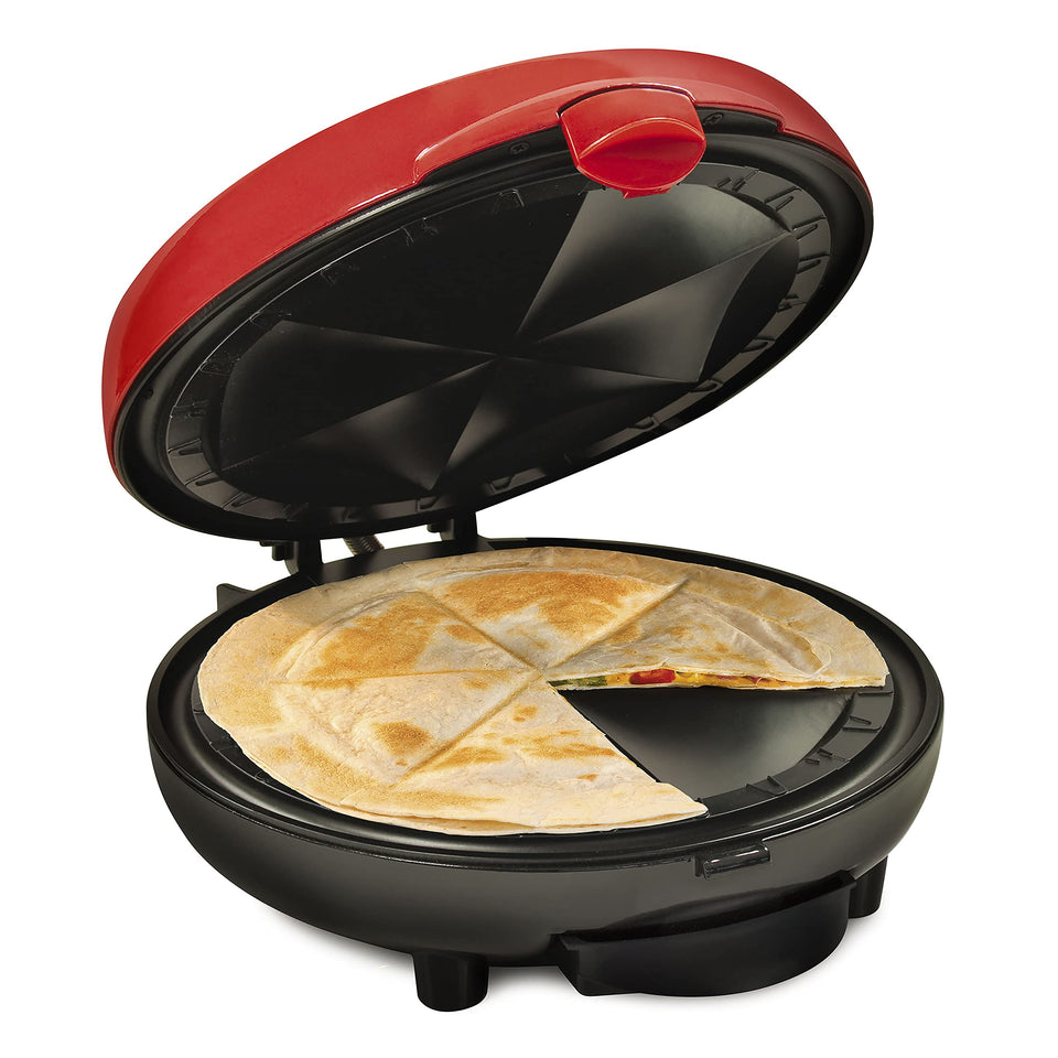 Nostalgia Taco Tuesday Deluxe 8-Inch Quesadilla Plate seals six wedges for even fillings.