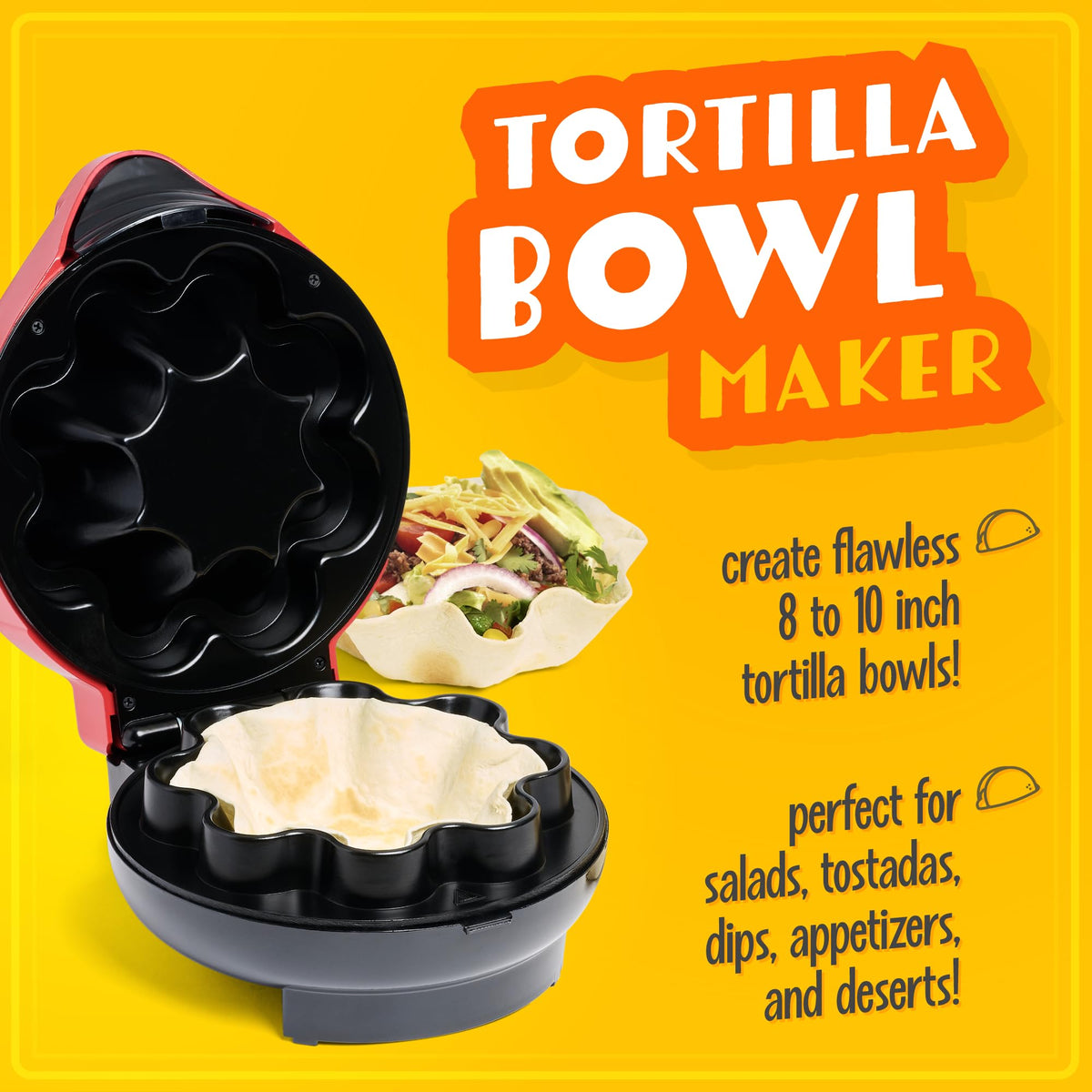 Nostalgia Taco Tuesday tortilla bowl maker bakes 8-10 inch shells into crisp bowls