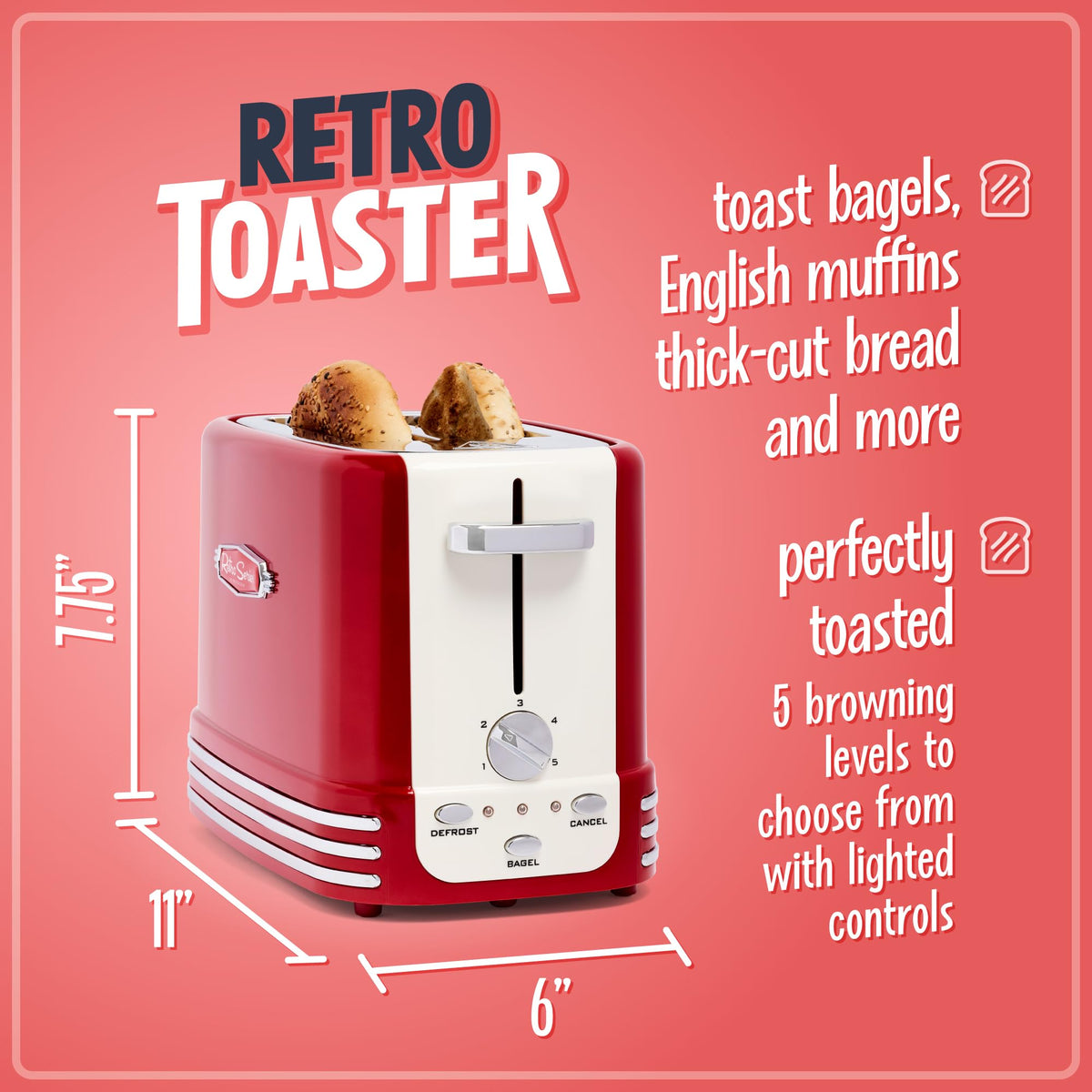 Nostalgia toaster with extra-wide slots for bagels and thick bread