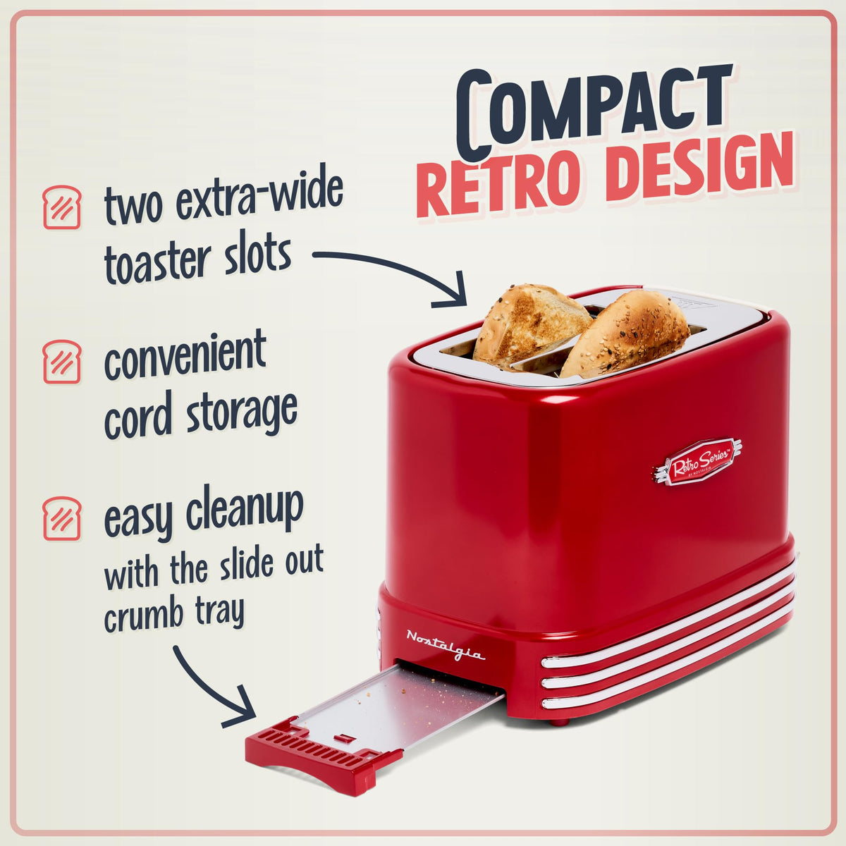 Nostalgia toaster shows lit controls for easy bagel, defrost, and cancel use