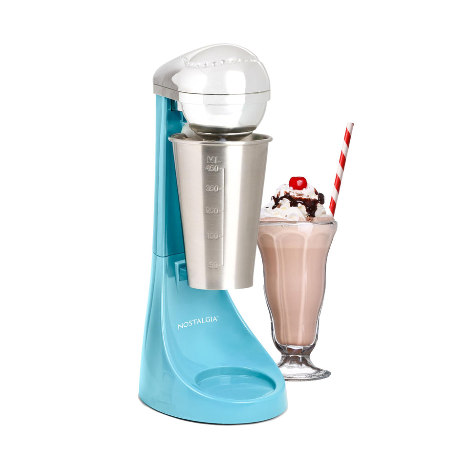 Nostalgia two-speed milkshake maker with blue base blending creamy shakes at home