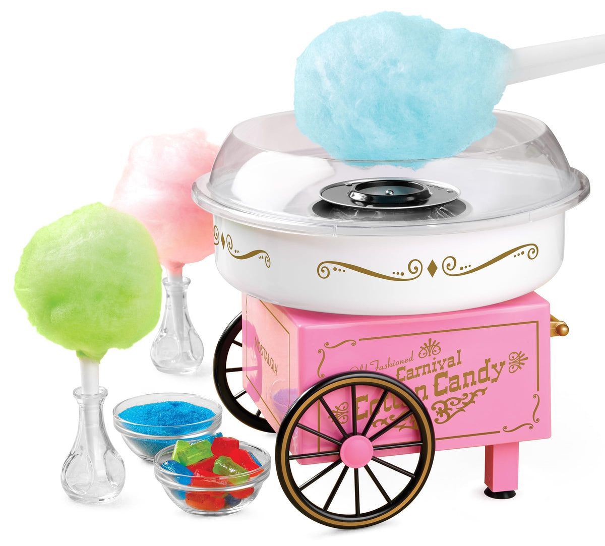 Nostalgia pink cotton candy machine front view for quick party treats