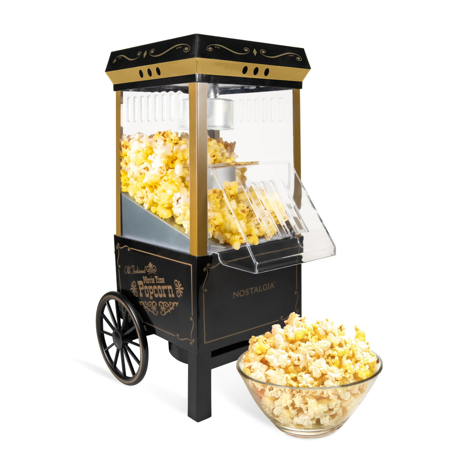 Nostalgia vintage hot-air popcorn maker overview with classic stand-up design for family gatherings.