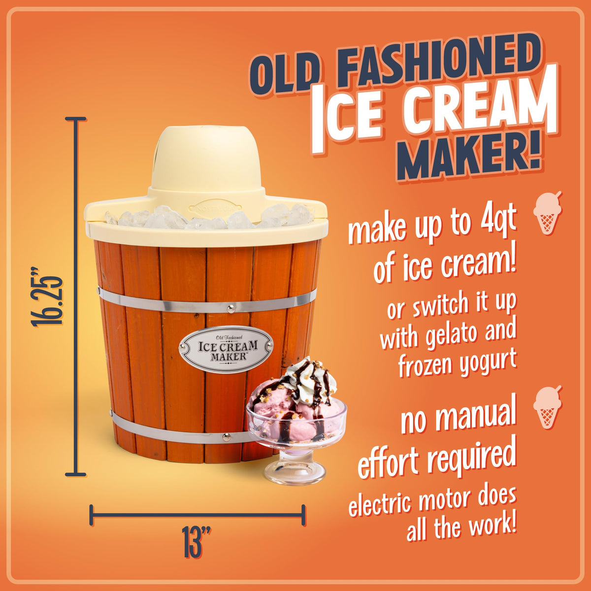 Nostalgia wooden-style ice cream machine shows a retro aluminum canister.