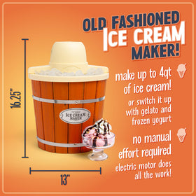Nostalgia wooden-style ice cream machine shows a retro aluminum canister.