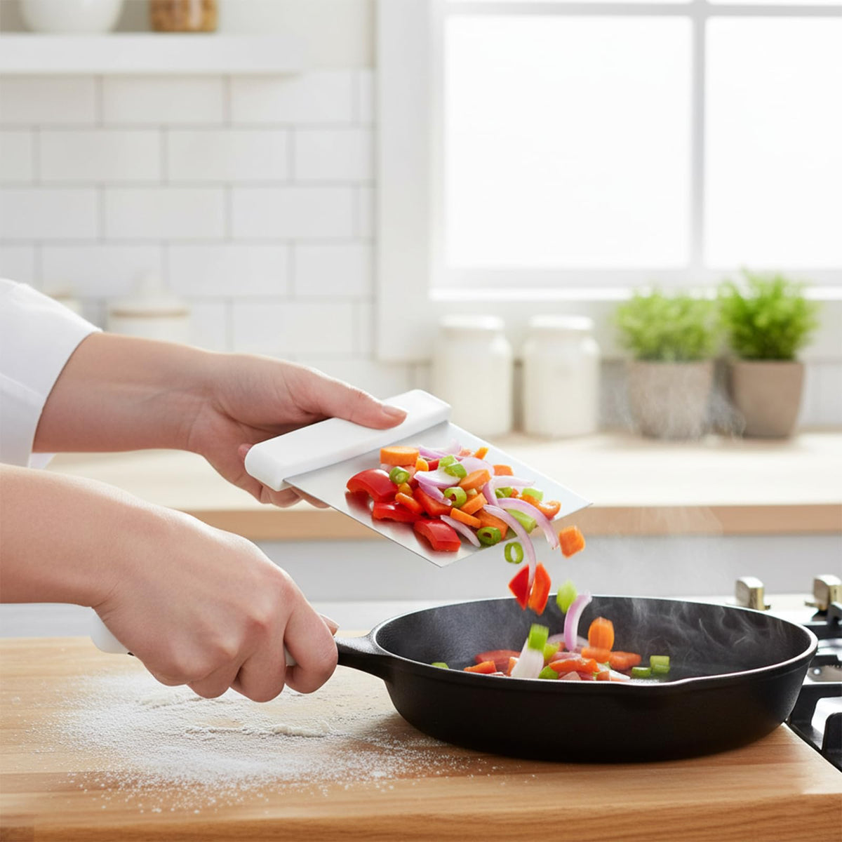 Notana bench scraper with white handle provides stable grip during kneading and cleanup